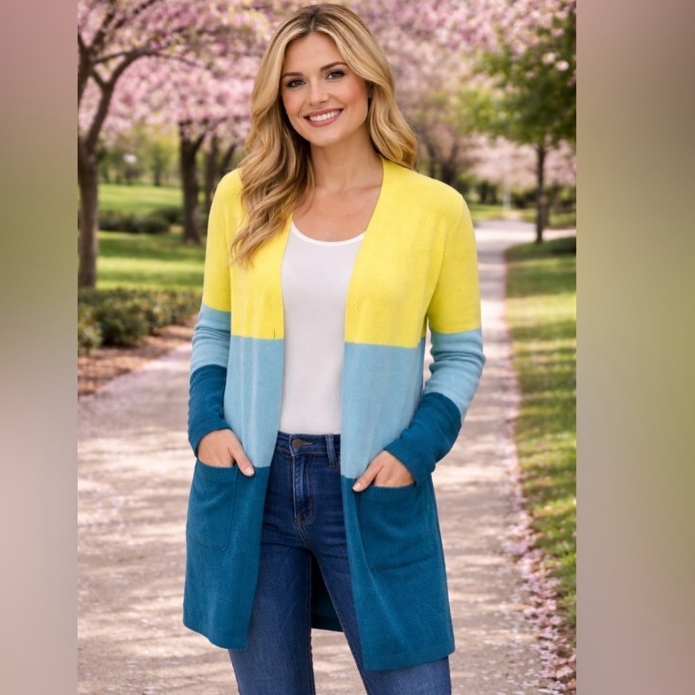 A New Day Medium Open Front Long Cardigan Color Block Oversized Pockets Yellow - Picture 1 of 10